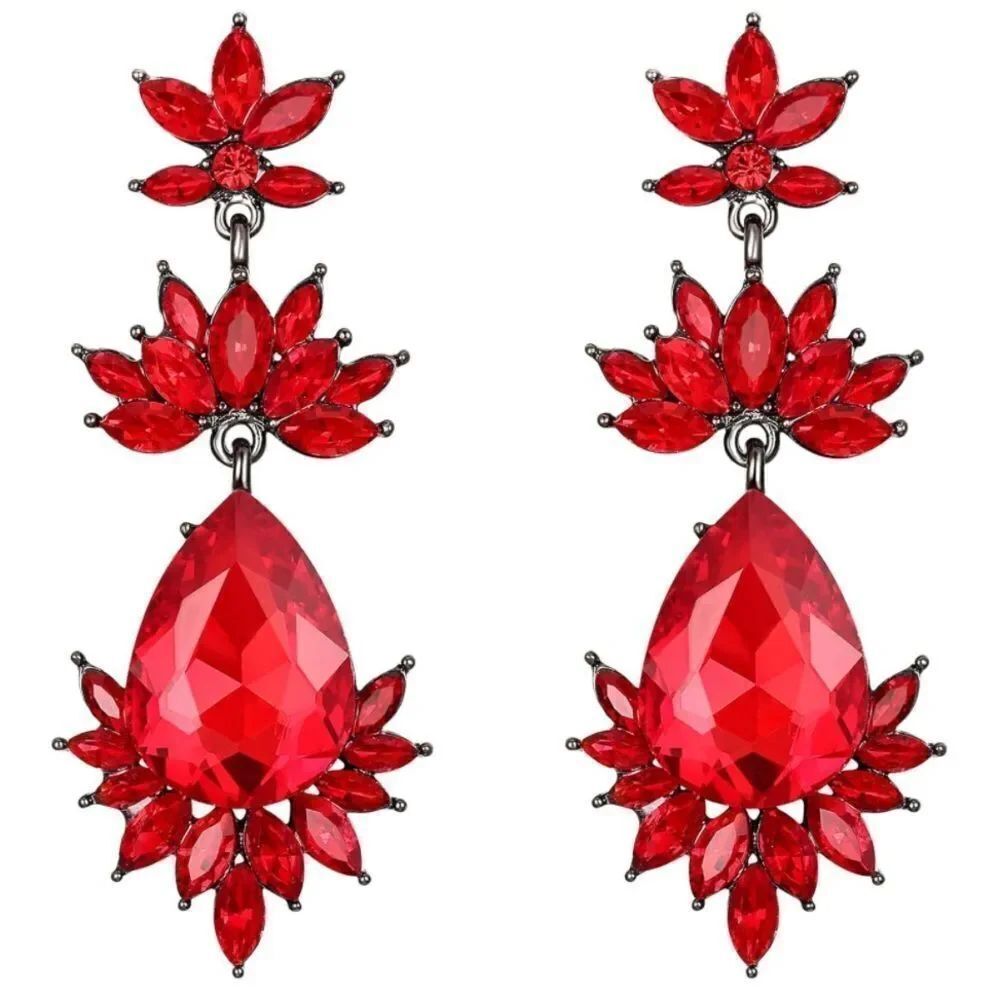 Gun Metal with Ruby Red Crystal Art Deco Chandelier Dangling Post Back Earrings